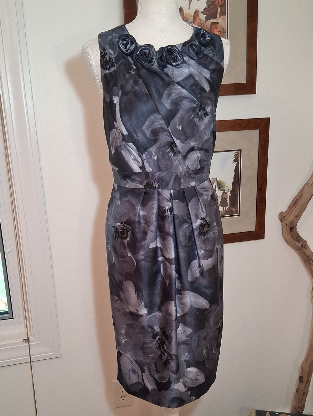 Adrianna Papell Gray Floral Midi Dress with Rosette Neckline